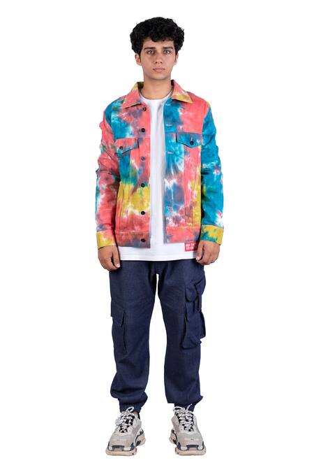 Theorem_Multi Color Cotton, Denim Splash Tie Dye Jacket _Online_at_Aza_Fashions