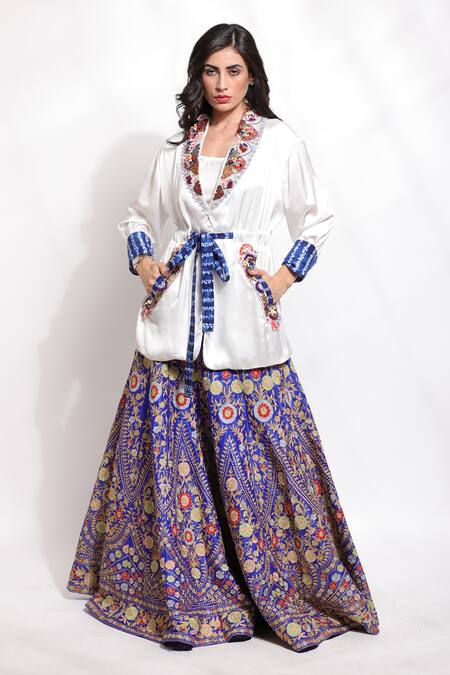 Buy_Sonali Gupta_Blue 25% Silk Hand Embroidered Resham Jacket Lapel Lehenga Set  