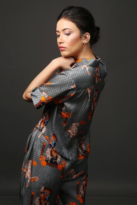 Buy_Ekastories_Grey Cotton Embroidery Collared Majestic Cat Print Resort Shirt And Pant Set _Online_at_Aza_Fashions