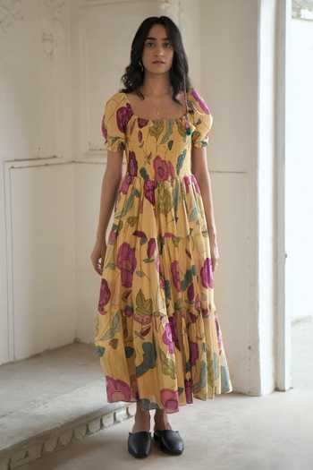 Buy_Taro_Yellow Chanderi Silk Square Neck Sunshine Bloom Flower Print Dress _Online_at_Aza_Fashions