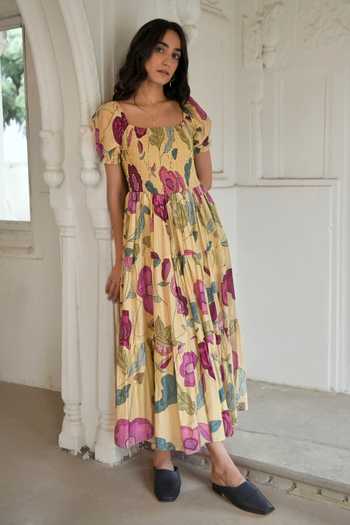 Shop_Taro_Yellow Chanderi Silk Square Neck Sunshine Bloom Flower Print Dress _Online_at_Aza_Fashions