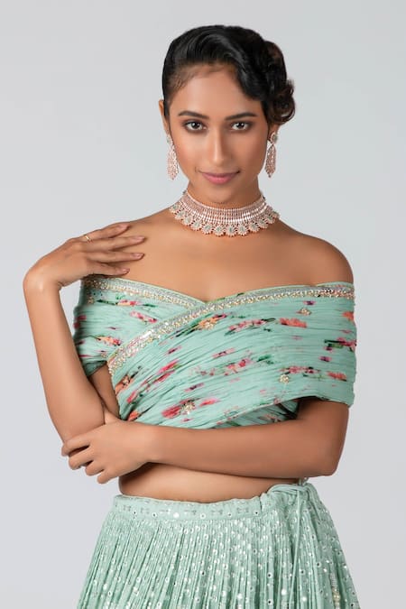 Suruchi Parakh Green Georgette And Organza Beads & Thread, Cutdana, Off Crop Top & Lehenga Set Online at Aza Fashions Suruchi Parakh_Green Georgette And Organza Beads & Thread, Cutdana, Off Crop Top & Lehenga Set _Online_at_Aza_Fashions