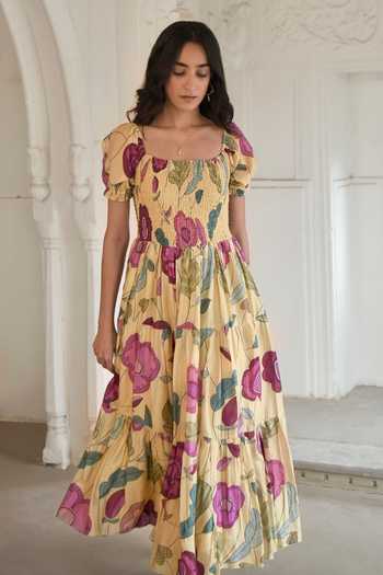 Taro_Yellow Chanderi Silk Square Neck Sunshine Bloom Flower Print Dress _at_Aza_Fashions