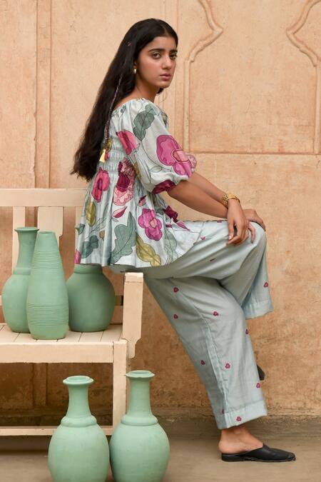 Taro_Blue Chanderi Silk Square Neck Vivid Sky Floral Print Top _Online_at_Aza_Fashions