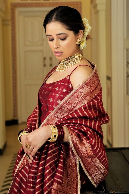 Buy_Safaa_Red Velvet Tassels, Embroidery Round The Sindoori Geometric Woven Anarkali Set _Online_at_Aza_Fashions