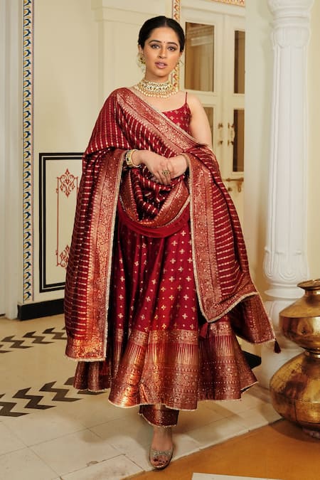 Shop_Safaa_Red Velvet Tassels, Embroidery Round The Sindoori Geometric Woven Anarkali Set _Online_at_Aza_Fashions