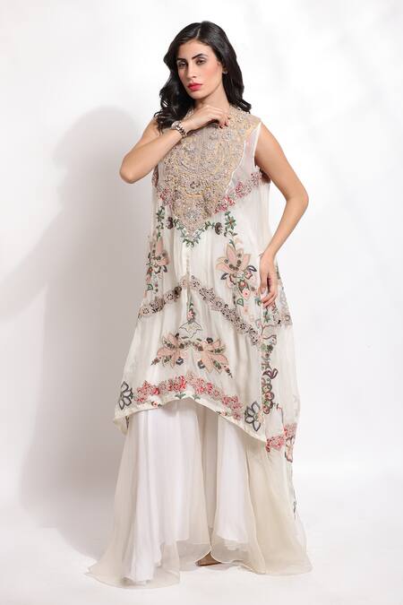 Shop_Sonali Gupta_Off White Silk Hand Embroidered Zari Cape  Round Mughal Palazzo Set  _Online_at_Aza_Fashions