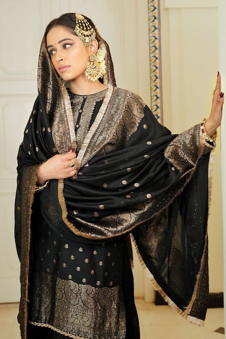 Buy_Safaa_Black Velvet Embroidery Round Neck The Rahma Blossom Woven Kurta Gharara Set _Online_at_Aza_Fashions