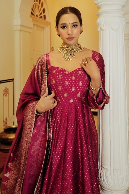 Safaa Magenta Velvet Tassels Sweetheart Neck The Rummana Polka Dots Woven Anarkali Set Online at Aza Fashions Safaa_Magenta Velvet Tassels Sweetheart Neck The Rummana Polka Dots Woven Anarkali Set _Online_at_Aza_Fashions