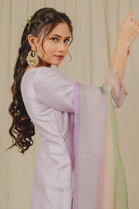 Shinor_Purple Silk, Organza Cut Work, Threadwork Straight Kurta Set With Ombre Dupatta _at_Aza_Fashions