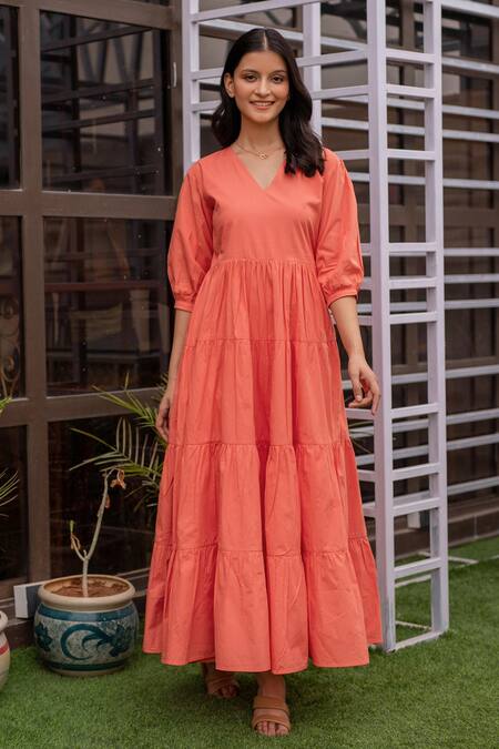B'Infinite_Orange Cotton Plain V Neck A-line Flared Dress_Online_at_Aza_Fashions