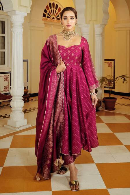 Buy Safaa Magenta Velvet Tassels Sweetheart Neck The Rummana Polka Dots Woven Anarkali Set Online at Aza Fashions Buy_Safaa_Magenta Velvet Tassels Sweetheart Neck The Rummana Polka Dots Woven Anarkali Set _Online_at_Aza_Fashions