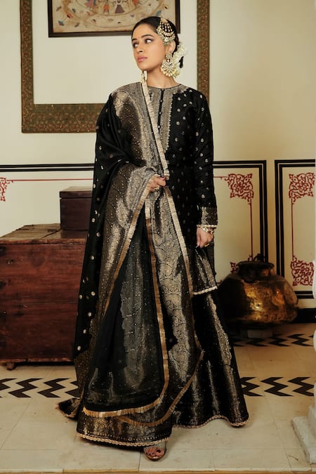 Shop_Safaa_Black Velvet Embroidery Round Neck The Rahma Blossom Woven Kurta Gharara Set _Online_at_Aza_Fashions