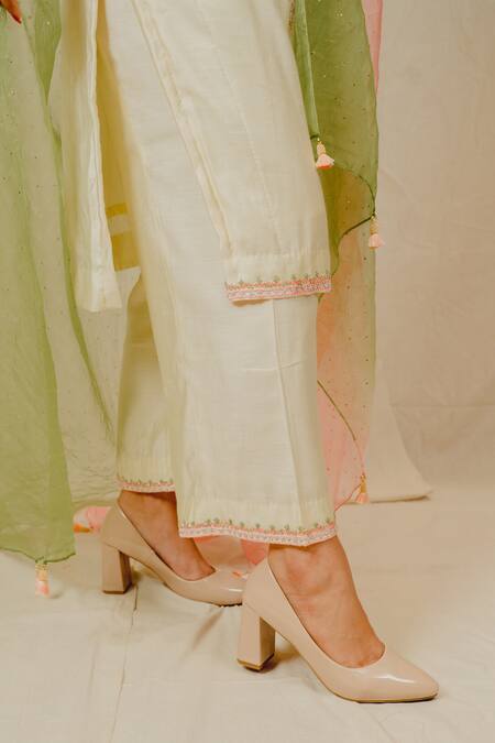 Shop_Shinor_White Silk, Organza Embroidery, Pearls, Tassels Short Kurta Set With Dupatta _Online_at_Aza_Fashions