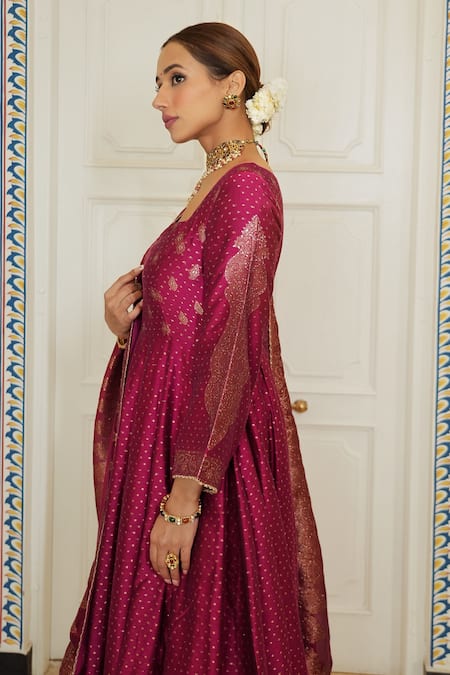 Safaa Magenta Velvet Tassels Sweetheart Neck The Rummana Polka Dots Woven Anarkali Set at Aza Fashions Safaa_Magenta Velvet Tassels Sweetheart Neck The Rummana Polka Dots Woven Anarkali Set _at_Aza_Fashions