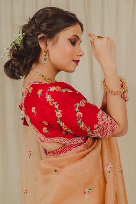 Shinor_Beige Silk, Organza Pearls, Zari, Floral Threadwork Saree With Raw Blouse _Online_at_Aza_Fashions