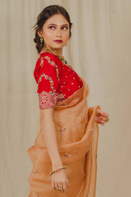 Buy_Shinor_Beige Silk, Organza Pearls, Zari, Floral Threadwork Saree With Raw Blouse _Online_at_Aza_Fashions