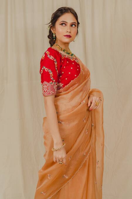 Shop_Shinor_Beige Silk, Organza Pearls, Zari, Floral Threadwork Saree With Raw Blouse _Online_at_Aza_Fashions