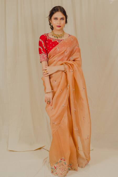 Shinor_Beige Silk, Organza Pearls, Zari, Floral Threadwork Saree With Raw Blouse _at_Aza_Fashions