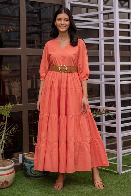 Shop_B'Infinite_Orange Cotton Plain V Neck A-line Flared Dress_Online_at_Aza_Fashions