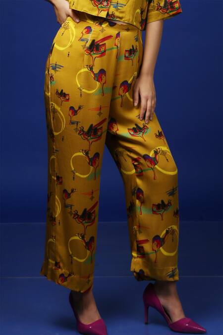 Buy_Ekastories_Yellow Cotton Collared Pashu Mela Resort Shirt And Pant Set _Online_at_Aza_Fashions