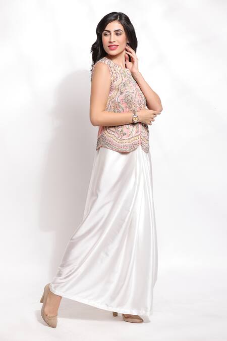 Buy_Sonali Gupta_Peach Silk, Viscose Embroidery, Pearls Round Neck Jacket And Draped Skirt Set _Online_at_Aza_Fashions