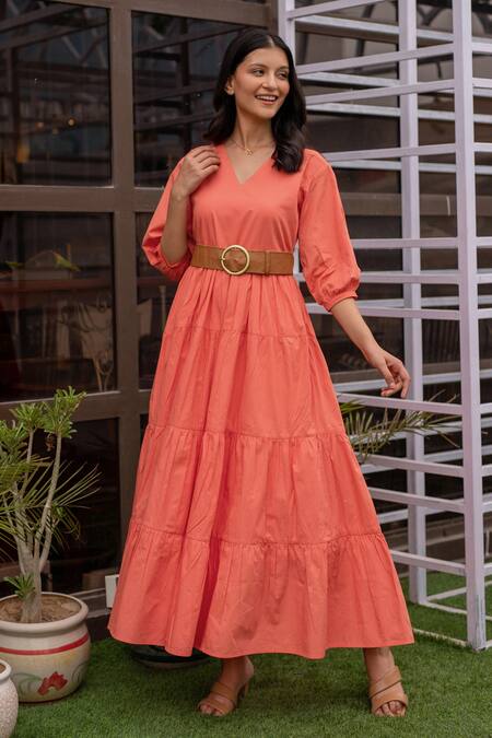 B'Infinite_Orange Cotton Plain V Neck A-line Flared Dress_at_Aza_Fashions
