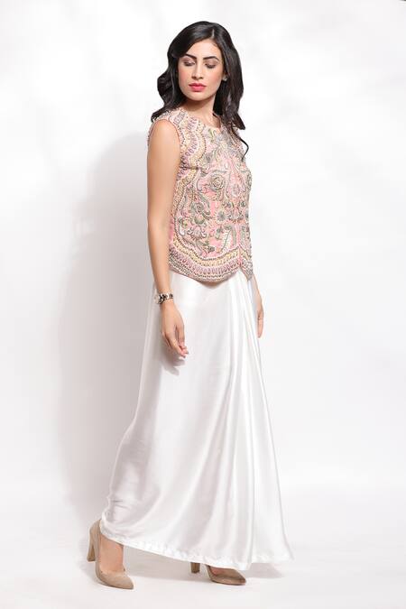Shop_Sonali Gupta_Peach Silk, Viscose Embroidery, Pearls Round Neck Jacket And Draped Skirt Set _Online_at_Aza_Fashions
