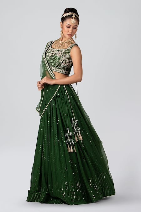 Suruchi Parakh_Green Net, Georgette Sequins, Thread, Zardozi Square And Embroidered Lehenga Set _Online_at_Aza_Fashions