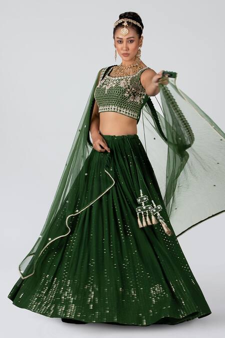 Buy_Suruchi Parakh_Green Net, Georgette Sequins, Thread, Zardozi Square And Embroidered Lehenga Set _Online_at_Aza_Fashions