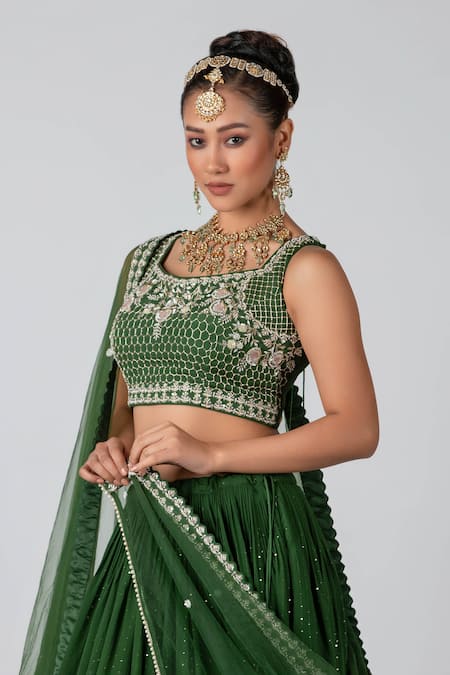 Shop_Suruchi Parakh_Green Net, Georgette Sequins, Thread, Zardozi Square And Embroidered Lehenga Set _Online_at_Aza_Fashions