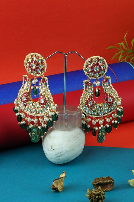 Shop_Auraa Trends_Red Stones, Pearls, Diamonds Polki Embellished Chandelier Earrings _Online_at_Aza_Fashions