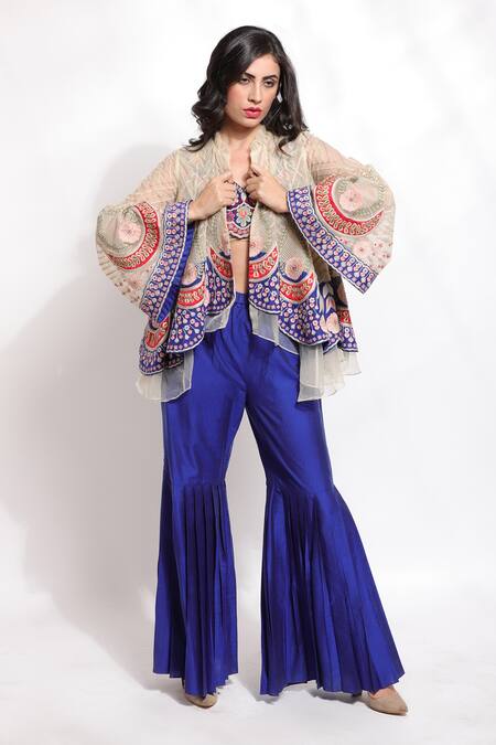 Buy_Sonali Gupta_Off White Silk Hand Embroidered Thread Work Jacket Open Sharara Set  _Online_at_Aza_Fashions