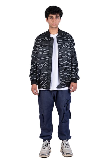 Theorem_Black Polyester Work In Progress Tape Patchworked Jacket _Online_at_Aza_Fashions