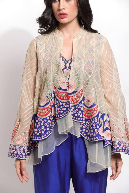 Shop_Sonali Gupta_Off White Silk Hand Embroidered Thread Work Jacket Open Sharara Set  _Online_at_Aza_Fashions