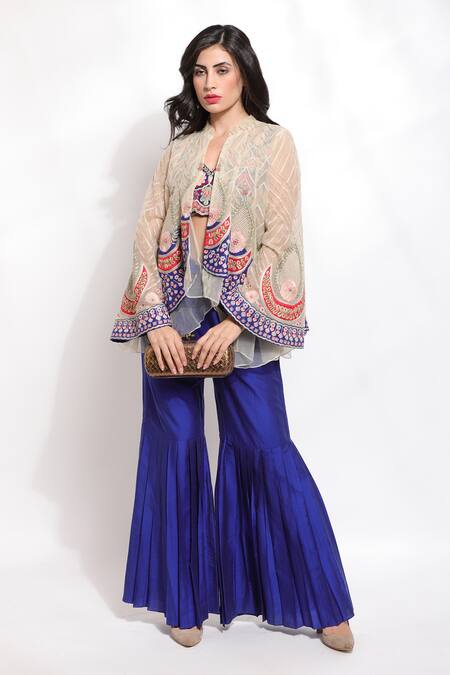 Sonali Gupta_Off White Silk Hand Embroidered Thread Work Jacket Open Sharara Set  _at_Aza_Fashions