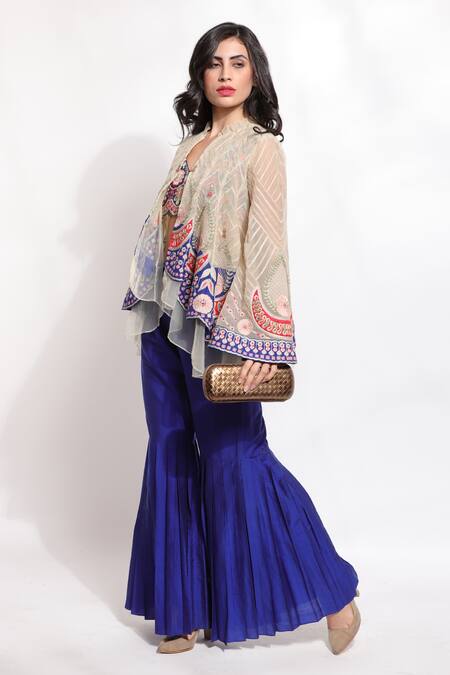 Buy_Sonali Gupta_Off White Silk Hand Embroidered Thread Work Jacket Open Sharara Set  