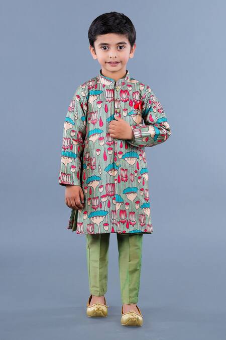 Shining Kanika_Multi Color Poly Chanderi Print Lotus Sherwani Kurta Set_Online_at_Aza_Fashions