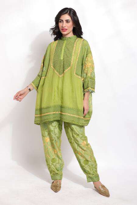 Sonali Gupta_Green Silk, Viscose Sequins, Beads, Crystals, Embroidery Jaal Kaftan And Pant Set _Online_at_Aza_Fashions