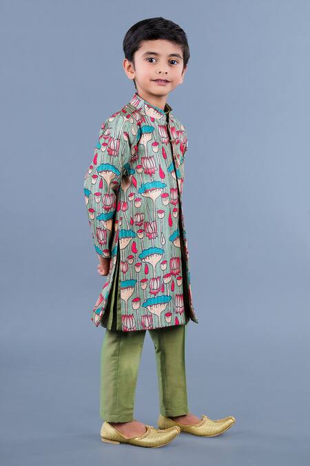 Buy_Shining Kanika_Multi Color Poly Chanderi Print Lotus Sherwani Kurta Set_Online_at_Aza_Fashions