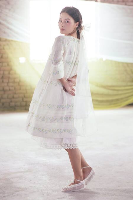 Buy_Itr By Khyati Pande_Off White Handloom Cotton Embroidery Round Floral Hand Block Printed Midi Dress_Online_at_Aza_Fashions