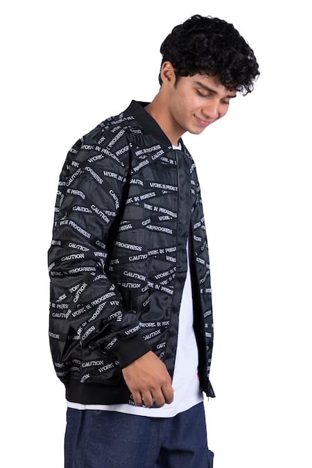 Shop_Theorem_Black Polyester Work In Progress Tape Patchworked Jacket _Online_at_Aza_Fashions