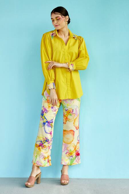 Buy_Garima Bindal_Yellow Poplin, Modal Sequins, Applique Shawl Neck Sunshine 3d Shirt And Pant Set _Online_at_Aza_Fashions