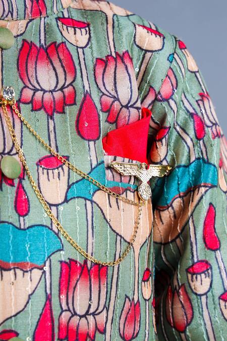 Shop_Shining Kanika_Multi Color Poly Chanderi Print Lotus Sherwani Kurta Set_Online_at_Aza_Fashions