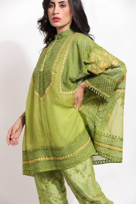 Shop_Sonali Gupta_Green Silk, Viscose Sequins, Beads, Crystals, Embroidery Jaal Kaftan And Pant Set _Online_at_Aza_Fashions
