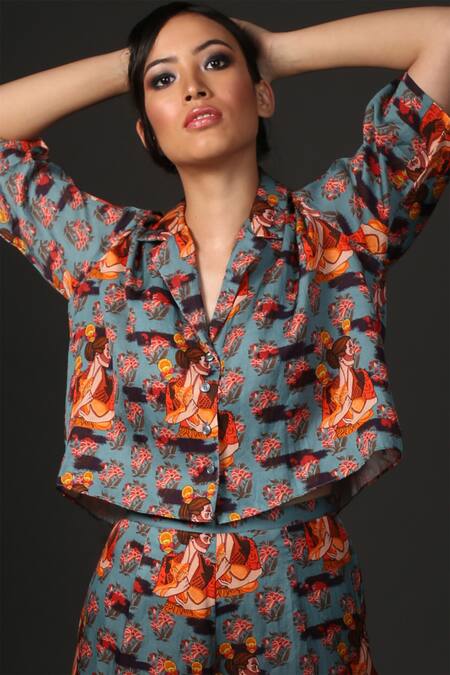 Buy_Ekastories_Grey Cotton Collared Nidarsuta Resort Shirt And Pant Set _Online_at_Aza_Fashions