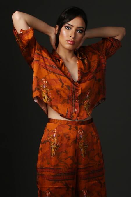 Buy_Ekastories_Red Cotton Embroidery Collared Kathputli Print Resort Shirt And Pant Set _Online_at_Aza_Fashions
