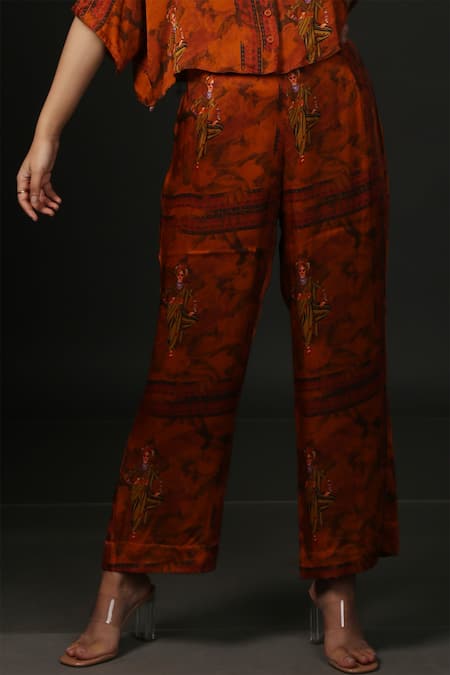 Shop_Ekastories_Red Cotton Embroidery Collared Kathputli Print Resort Shirt And Pant Set _Online_at_Aza_Fashions