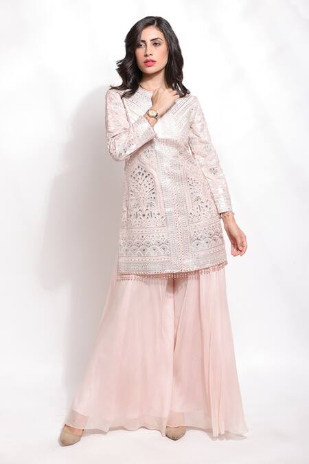 Buy_Sonali Gupta_Pink Silk Hand Embroidered Thread Round Mirror Kurta And Palazzo Set  _Online_at_Aza_Fashions