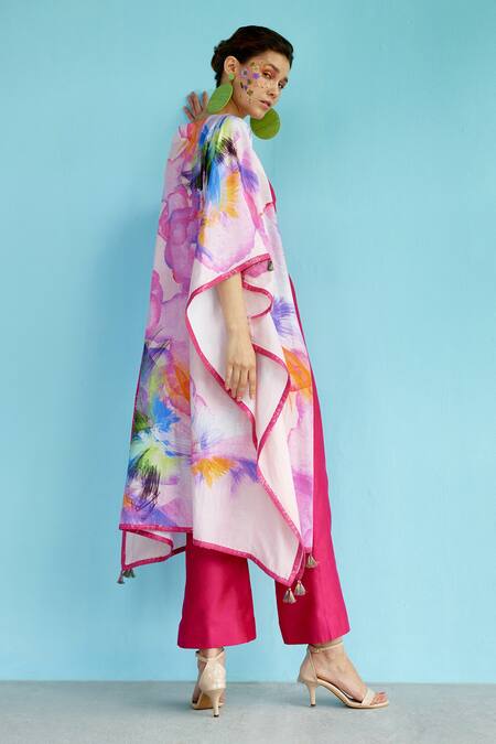 Buy_Garima Bindal_Fuchsia Silk, Chanderi Tassels, Sequins Open Neck, Printed Kaftan And Pant Set _Online_at_Aza_Fashions